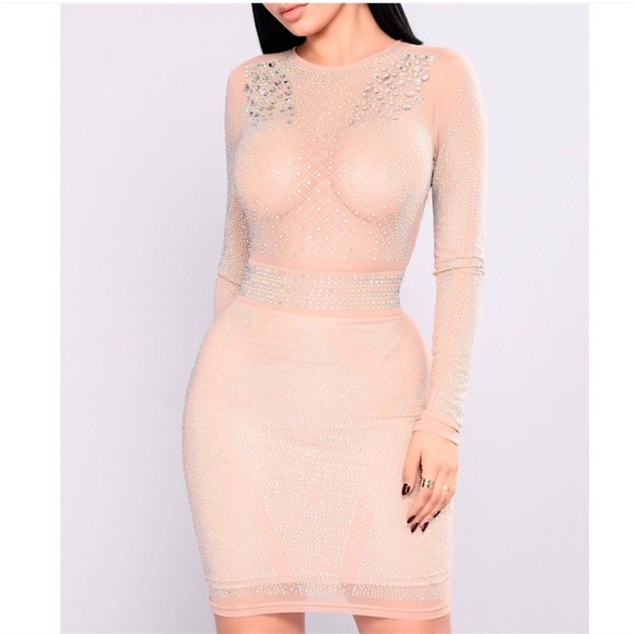 Fashion Nova Rhinestone Nude Mini Dress Size Small - Picture 1 of 7
